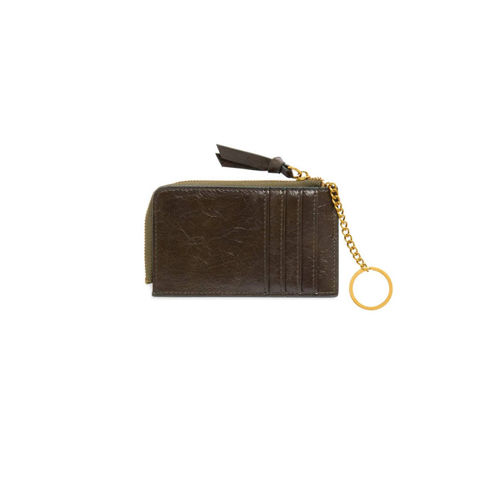 Back of an olive green faux leather zip-around card holder wallet with a gold chain and keyring, card slots, and an olive leather zip pull tag, shown on a plain white background.