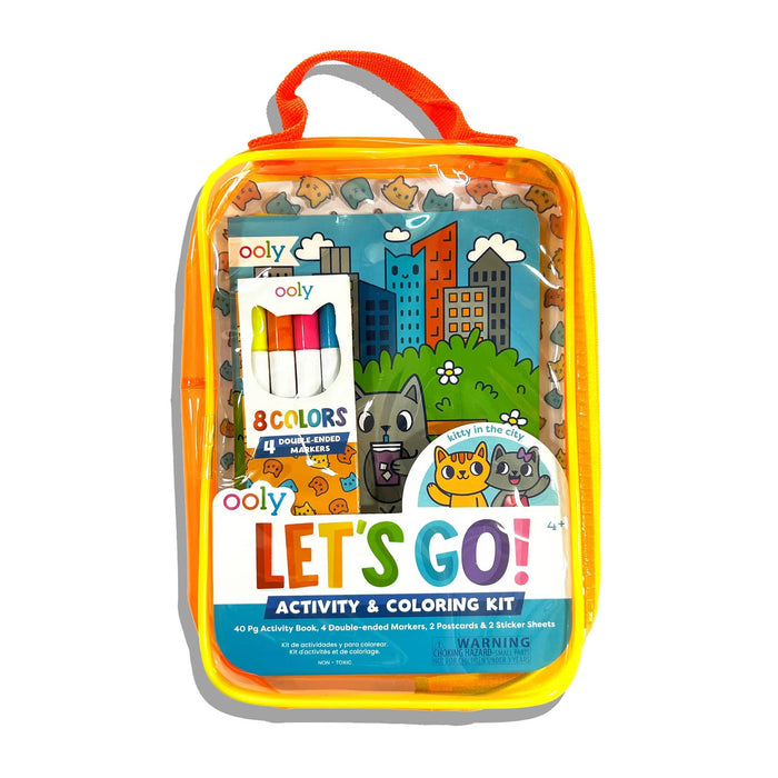 Front of Ooly Let's Go! Activity and Coloring Kit packaging with colorful cats in city settings illustrations, on a white background.