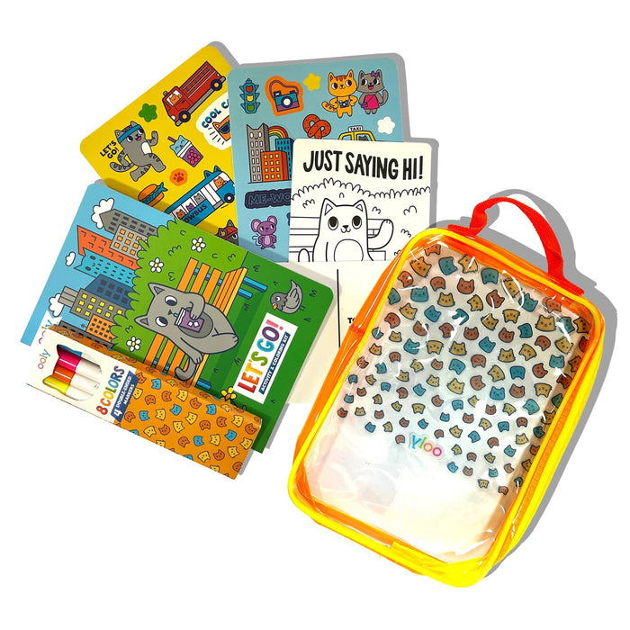 Children's activity book set with coloring pages, markers, stickers and a carrying case, on a white background.