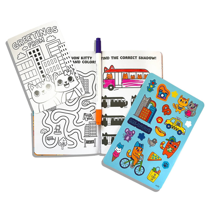 Coloring book with a pen and sticker sheet on a white background.