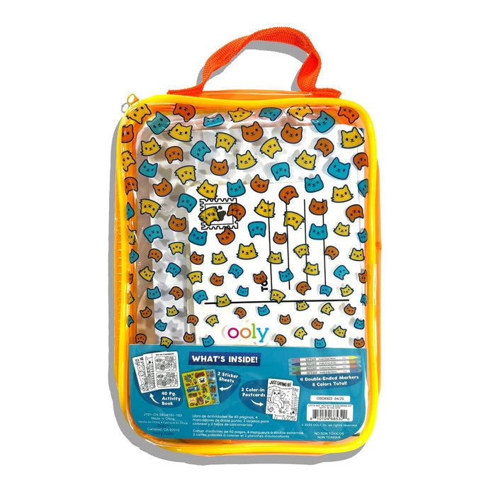 Back of Ooly Let's Go! Activity and Coloring Kit packaging with colorful cat illustrations, on a white background.