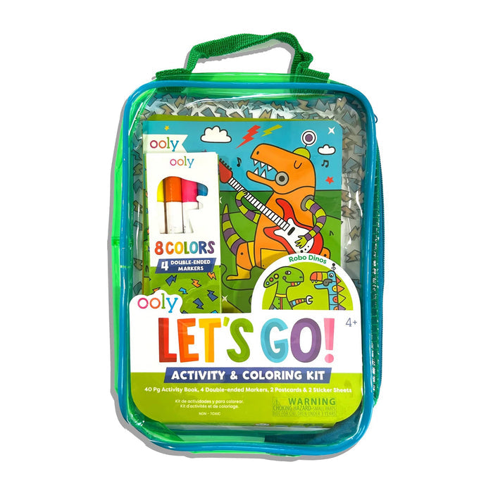 Front of Ooly Let's Go! Activity and Coloring Kit packaging with colorful robot dinosaurs illustration, on a white background.