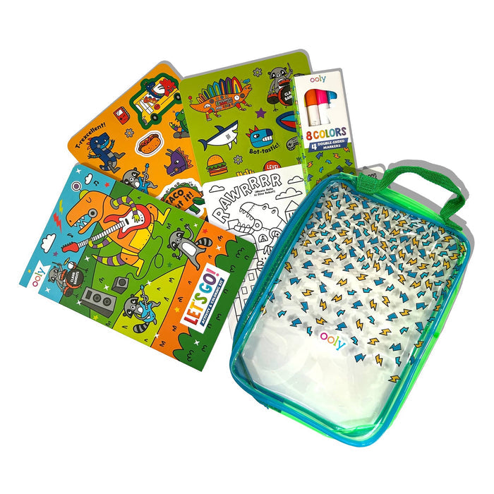 Ooly Let's Go! Activity and Coloring Kit packaging with colorful robot dinosaurs illustrations and sticker sheets, on a white background.