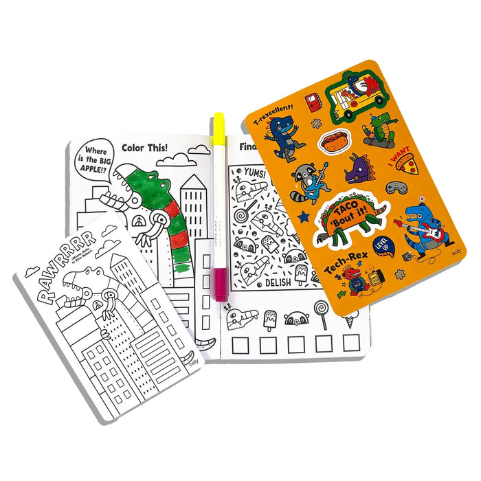 Coloring book with stickers and markers on a white background.