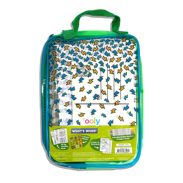 Back of Ooly Let's Go! Activity and Coloring Kit packaging with yellow and blue lightning bolt illustrations, on a white background.