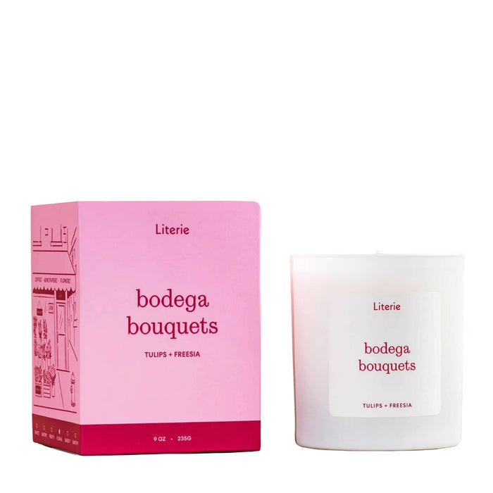 Literie Candles Bodega Coffee scented soy and coconut wax candle in white matte glass vessel beside a red and pink box, on a white background.