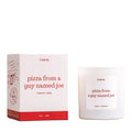 Literie Candles Pizza From a Guy Named Joe basil and tomato scented soy and coconut wax candle in white matte glass vessel beside a red and white box, on a white background.