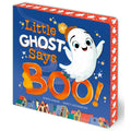 Little Ghost Says Boo! board book with a blue cover, orange title text, and a white cartoon ghost wearing an orange hat. The book is shown at an angle with an orange patterned spine on a white background.
