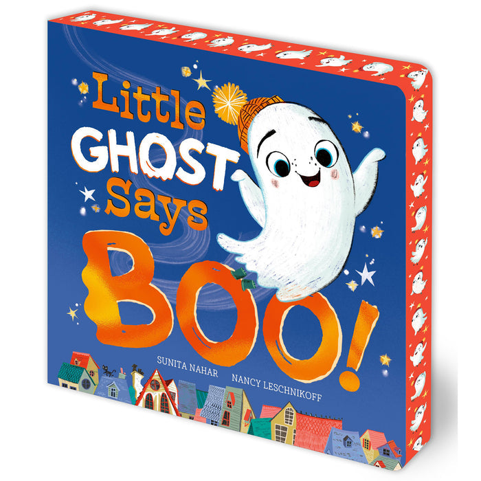 Little Ghost Says Boo! board book with a blue cover, orange title text, and a white cartoon ghost wearing an orange hat. The book is shown at an angle with an orange patterned spine on a white background.