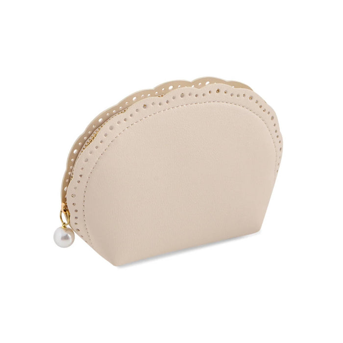 Ivory vegan leather pouch with gold zipper on a white background.