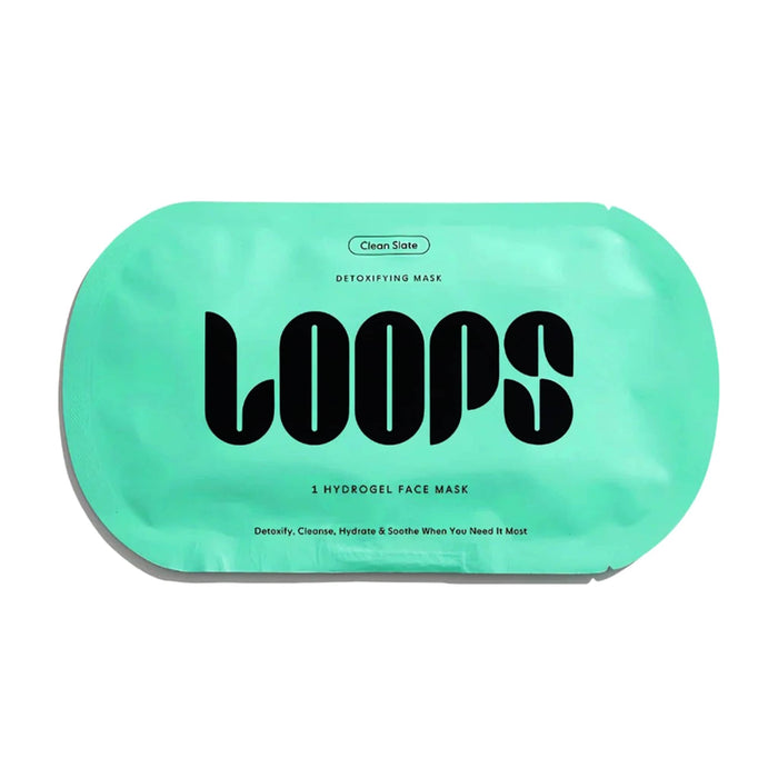 Green packaging of LOOPS hydrogel face mask on a white background.