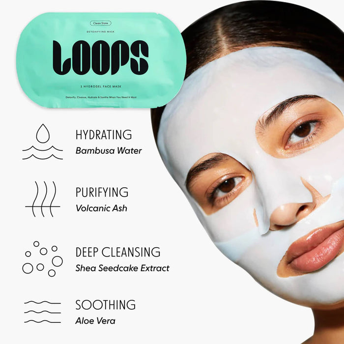 Woman wearing a face mask with Loop's packaging and active ingredients listed.