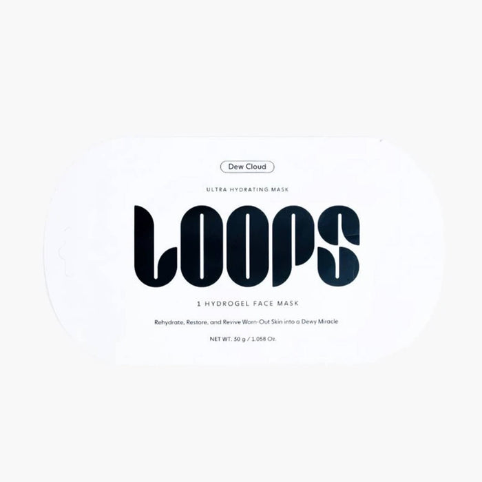 White packaging of LOOPS Dew Cloud Ultra Hydrating Hydrogel sheet mask with black text on a white background.