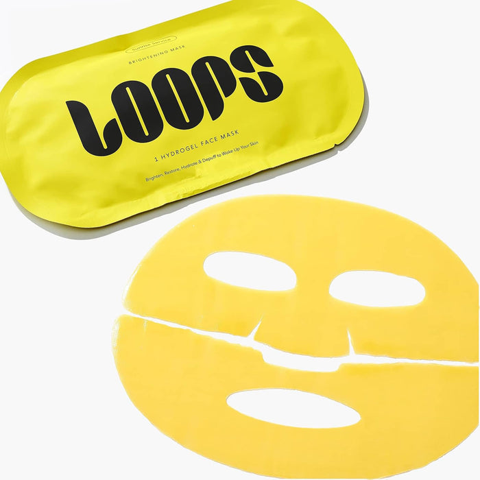 Yellow face mask packaging with 'LOOPS' branding and a single yellow hydrogel face mask on a white background.