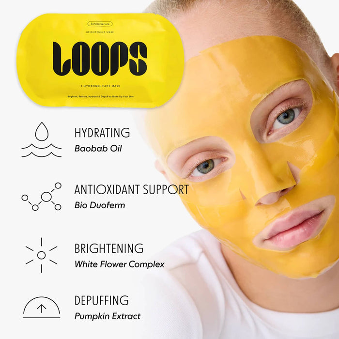 Person wearing a yellow face mask with 'LOOPS' branding and product benefits listed.