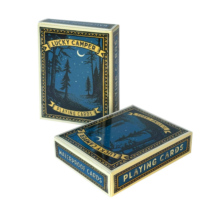 Waterproof playing cards in box with 'Lucky Camper' design on a white background.