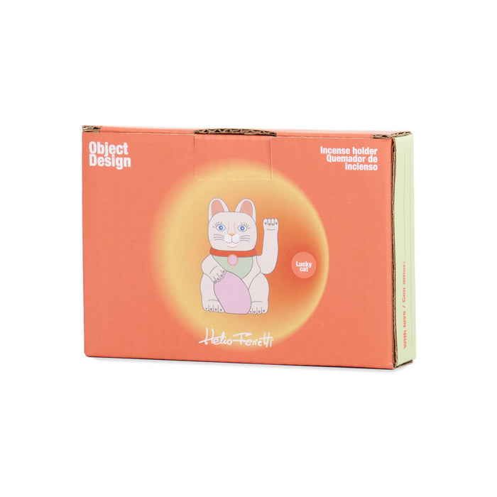 Lucky cat incense burner in orange box packaging, on a white background.