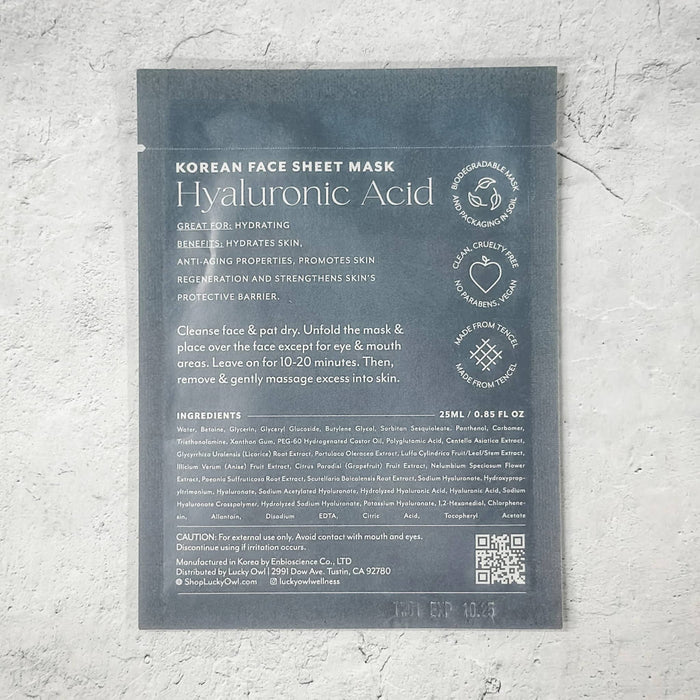 A dark slate blue pouch labeled 'KOREAN FACE SHEET MASK Hyaluronic Acid' with white text and small icons, photographed against a light textured wall.
