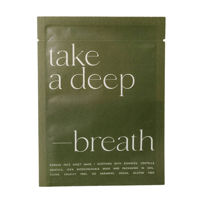 An olive green skincare packet for 'take a deep breath' sheet mask, featuring white text on a clean white background.