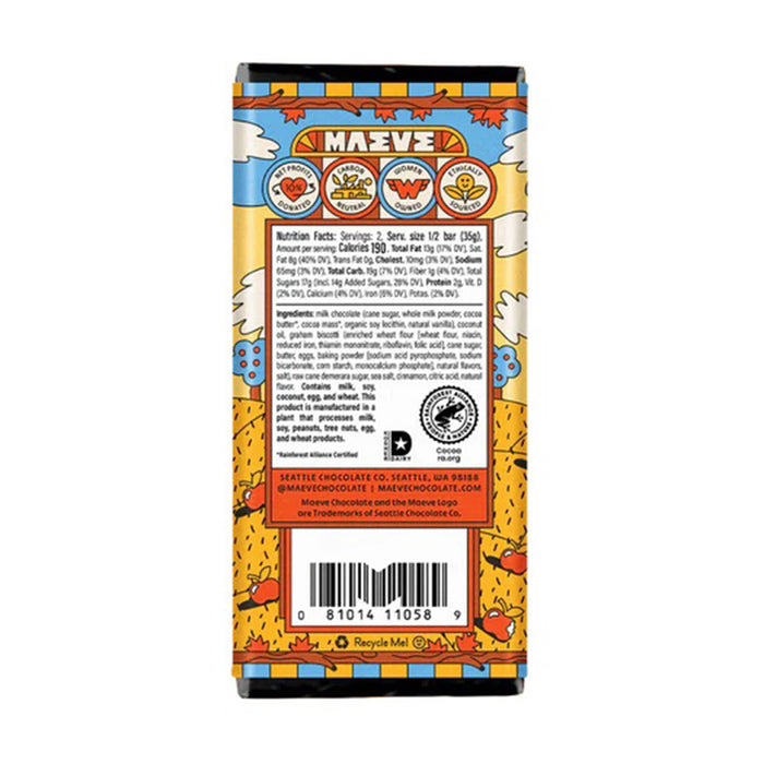 Maeve apple cider donuts milk chocolate truffle bar in packaging, back view with nutrition facts and ingredients.