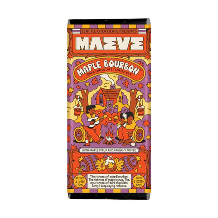 Maeve maple bourbon dark chocolate truffle bar in packaging, front view.