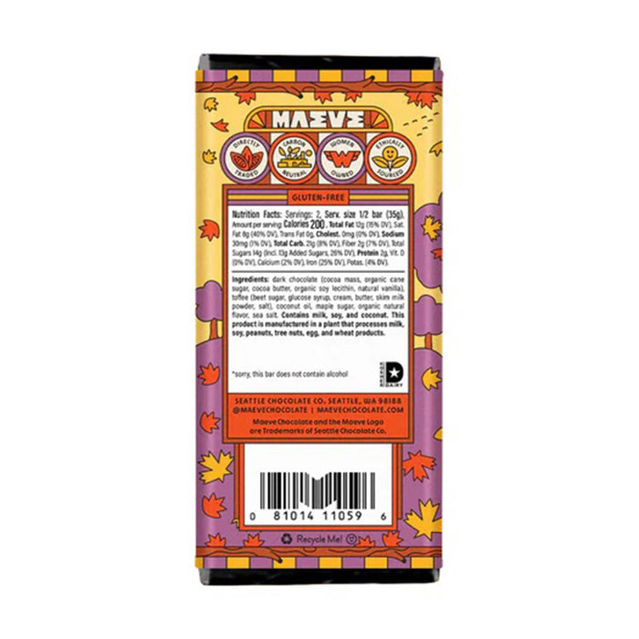 Maeve maple bourbon dark chocolate truffle bar in packaging, back view with nutrition facts and ingredients.