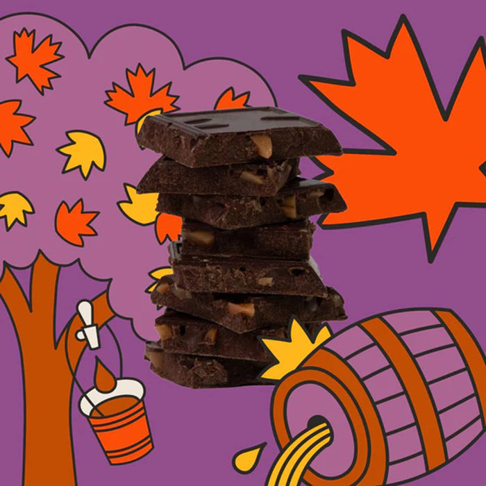 Stack of dark chocolate bar squares with autumn-themed elements like leaves and a barrel on a purple background.