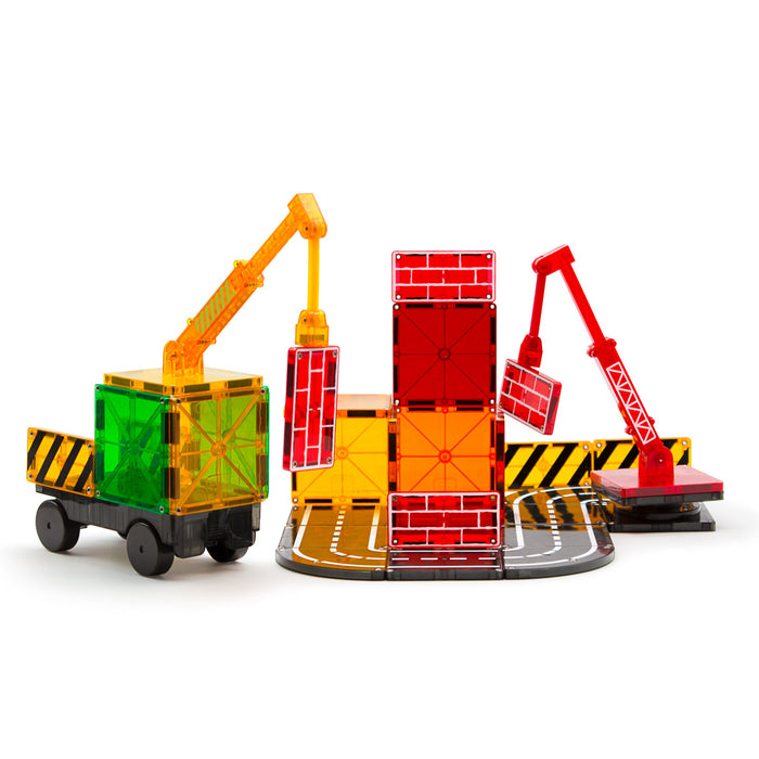 Magna-Tiles Builder construction themed magnetic tile kids 32 piece building set in play with cranes lifting block squares.