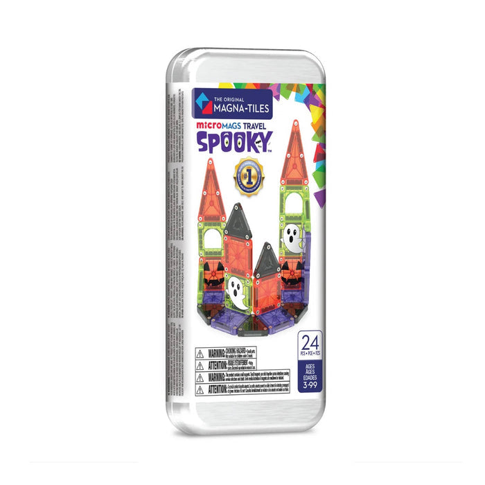 Packaged set of 24 microMAGS Travel Spooky magnetic building tiles in a metal tin with a white and colorful front label.