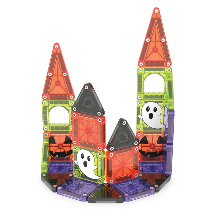 Halloween-themed magnetic building set with ghosts and pumpkins on a white background.