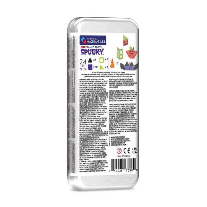 The back of a metal tin containing 24 assorted Halloween-themed magnetic building blocks, featuring colorful illustrations and product specifications on a white background.