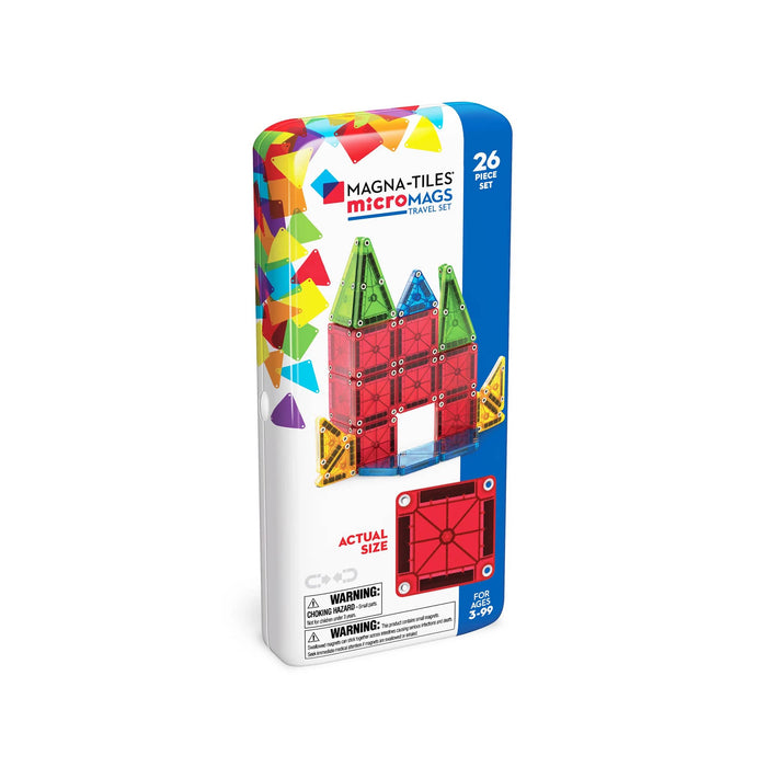 Magna-Tiles microMAGS 26 piece travel set in tin packaging on a white background.