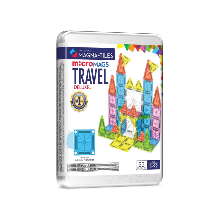Magna-Tiles micromags deluxe travel set tin packaging on a white background.