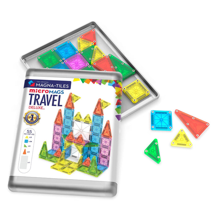 Magna-Tiles Micromags Travel Deluxe set with colorful magnetic tiles on a white background.