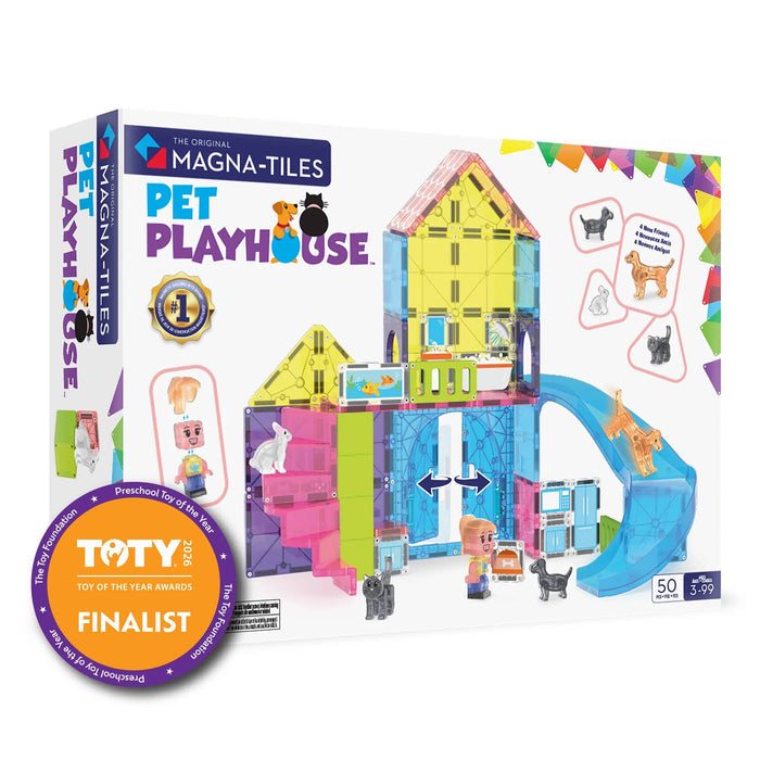 Magna-Tiles Pet Playhouse toy set packaging, front view with colorful design and toy figures on a white background.