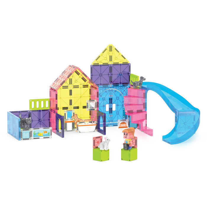 Colorful toy building set with a slide on a white background.