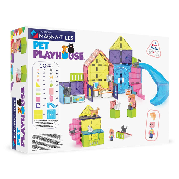Magna-Tiles Pet Playhouse toy set packaging, back view with colorful design and included pieces, on a white background.
