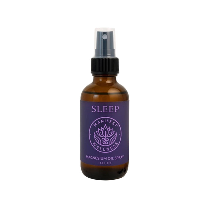 Bottle of Sleep magnesium oil spray from Manifest Wellness on a white background.