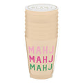 Stack of frosted beige reusable party cups with 'MAHJ' text in pink and green on a white background.