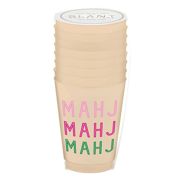 Stack of frosted beige reusable party cups with 'MAHJ' text in pink and green on a white background.