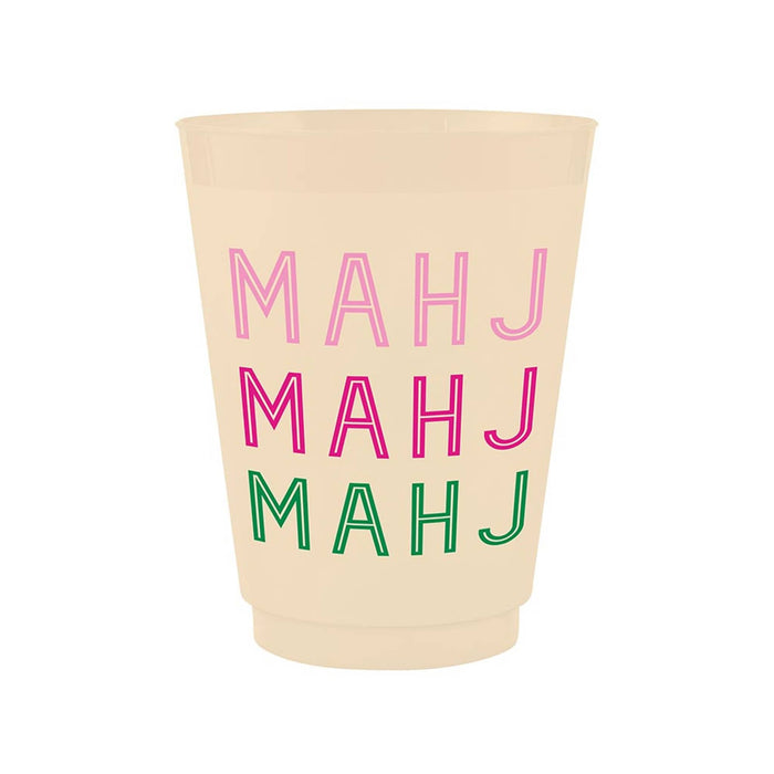 Frosted beige reusable party cup with 'MAHJ' text in pink and green on a white background.