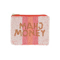 Striped beaded coin pouch with 'MAHJ MONEY' text on a white background.