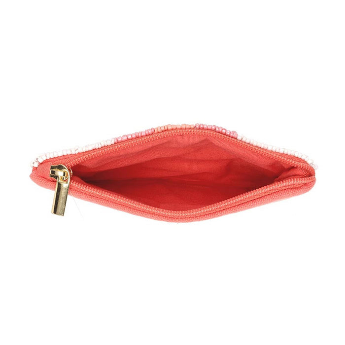 Open coral-colored pouch with gold zipper on a white background.