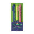 Three colorful gel pens in packaging with playful Mahjong sayings on each pen.