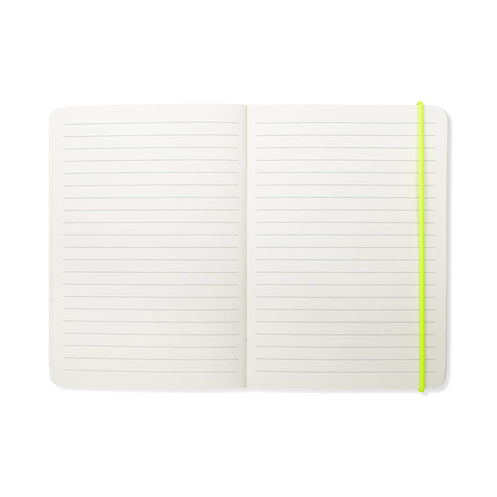 Open notebook with lined pages and a neon green elastic placeholder, on a white background.