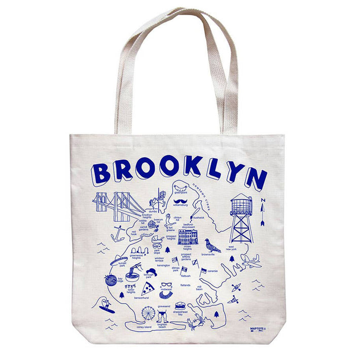 Tote bag with illustrations of Brooklyn landmarks and 'Brooklyn' text on a white background.