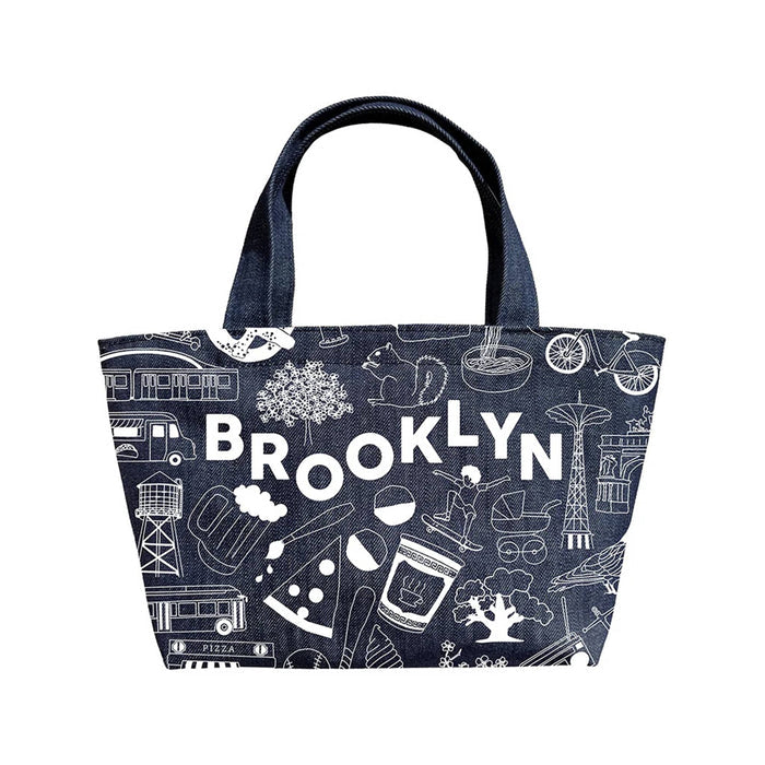 Denim mini tote bag with 'Brooklyn' design featuring icons and text in white, front view, on a white background.