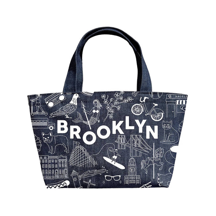 Denim mini tote bag with 'Brooklyn' design featuring icons and text in white, back view, on a white background.