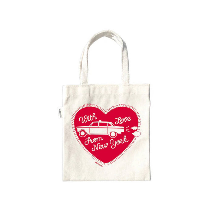 Cream tiny tote bag with a red heart design featuring a taxi and text on a white background.