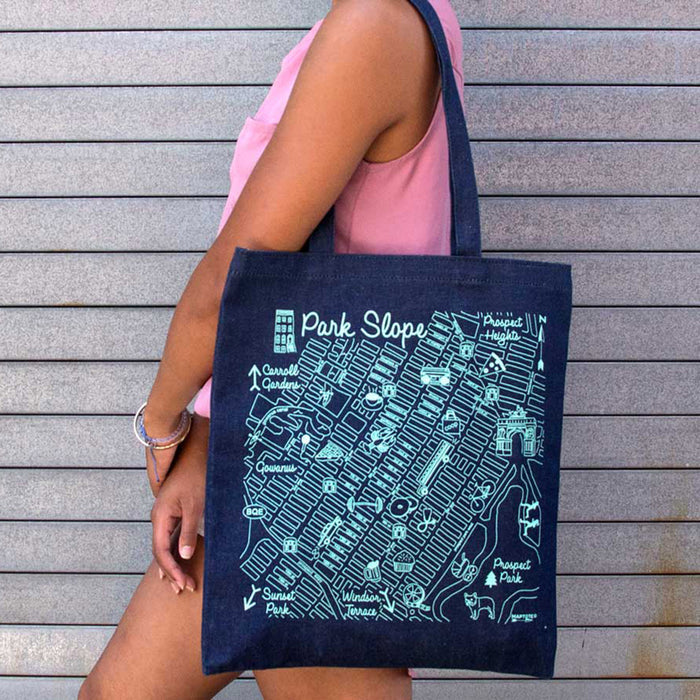 maptote park slope brooklyn denim cotton reusable tote bag on model